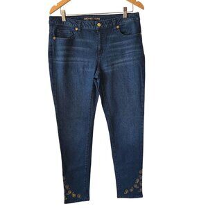 Michael Kors Womens Size 8 Izzy Skinny Jeans Blue Denim Gold Foil Hem Detail